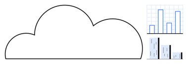 Veri depolama, analitik ve işlemeyi sembolize eden çizelgeler ve grafiklerle dolu bulut ana hatları. Bulut teknolojisi için ideal, büyük veri, içgörü, iş zekası, dijital dönüşüm, bilişim