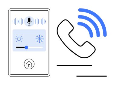 Akıllı telefon ekranı, ev denetim seçeneklerinin ses komutları ile ısıyı ve aydınlatmayı arttırdığını gösteriyor. Komşu, kablosuz sinyal dalgaları olan bir telefon ikonu. Ev otomasyonu için ideal, IOT, ses