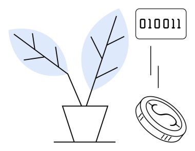 Büyümeyi temsil eden bir kapta mavi yapraklı bitki teknolojiyi sembolize eden ikili kod ve maddi kazançları yansıtan bir para. Yenilik, fintech, dijital ekonomi ve iş büyümesi için ideal
