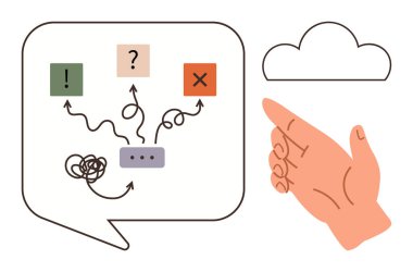 Düşünce baloncuğunun içinde kararlar, seçimler ve yönler için semboller içeren bir el hareketi. Beyin fırtınası, problem çözme, karar verme, yaratıcılık, strateji, iletişim için ideal