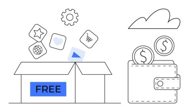Uygulamaları ve hizmetleri temsil eden simgelerle etiketlenmiş ücretsiz, bozuk paralı cüzdan ve yukarıda bulut bulunan açık kutu. Tasarruf, bütçe, indirimler, uygulamalar, yaratıcılık değeri ve kullanıcı yardımları için ideal. Basit düz