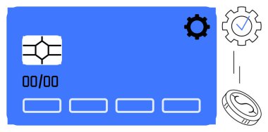 Ayarlama teçhizatı ve düşen parayla birlikte mavi çipli ödeme kartı. Fintech ve güvenli işlemleri vurguluyor. Finans, ödeme, bankacılık, e-ticaret, teknoloji, fintech, nakitsiz için ideal