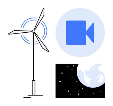 Rüzgar türbini yenilenebilir enerjiyi temsil eder, mavi video ikonu iletişimi iletir, ve yıldızlı Dünya küresel bağlantıyı simgeler. Sürdürülebilirlik, yenilik, teknoloji, ekoloji için ideal