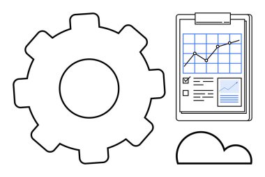 Analiz çizelgesi, kontrol listesi ve bulut olan bir panonun yanına. Teknoloji, veri analizi, bulut hesaplaması, performans optimizasyonu, üretkenlik, dijital dönüşüm planlaması için ideal