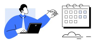 Takvimdeki tarihleri işaretleyen bir dizüstü bilgisayar üzerinde çalışan kişi. Üretkenlik, zaman yönetimi, görev organizasyonu, kurumsal planlama, hedef belirleme, iş akışı optimizasyonu, basit düz metafor