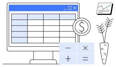 Hesap tablosu, hesap makinesi ve bir havuç simgesiyle bilgisayar ekranı. Finans, bütçe, tarım, yatırımlar, veri analizi muhasebe ve sürdürülebilirlik konuları için idealdir. Basit.