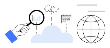 Bulut üzerinde el ele tutuşan büyüteç veri tablolarını, bulmaca parçalarını, takvimi ve dünya bağlantısını analiz ediyor. Bulut depolama, veri analizi, küresel çözümler, işbirliği ve planlama için ideal