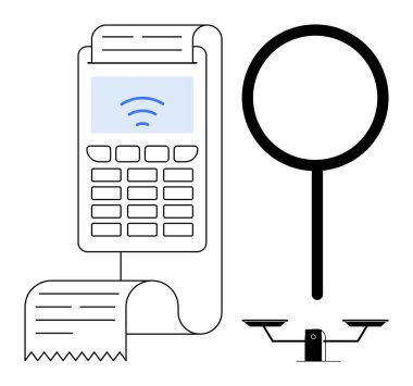 Yazılı makbuzlu ödeme terminali, büyüteç ve işlem analizi, finansal doğruluk, dijital güvenlik, adil ticaret, denetleme, hesap verebilirlik ve dengeyi sembolize eden ölçekler. İdeal