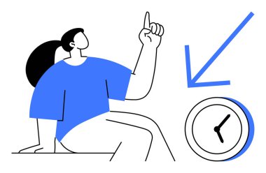 Oturan kişi, yukarı doğru bir saat ve yön oku işaret ediyor. Zaman yönetimi, planlama, öncelikler, mühletler, hatırlatıcılar, organizasyon, basit düz metafor