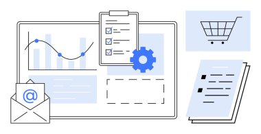 Çizelge paneli, panoda kontrol listesi, teçhizat, alışveriş arabası, e-posta ve belgeler. Üretkenlik için ideal, analitik strateji optimizasyonu e-ticaret takım çalışması organizasyonu. Basit düz