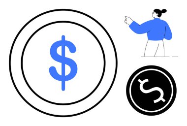 Bir kadının el kol hareketi, para, tasarruf, ödeme, yatırım ve ekonomiyi temsil ettiği dairesel sikke tasarımlarıyla işaretlenmiş dolar işareti. Finansal ekonomi ticareti için ideal dijital