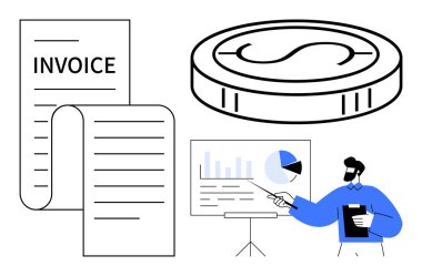 Makbuz belgeleri, madeni para illüstrasyonu ve bir tablodaki mali tablolara bakan sunucu. Basit düz metaforda finans, muhasebe, bütçe, iş, kâr, analiz stratejisi için idealdir
