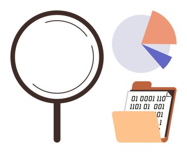 Büyüteç analize odaklanır, pasta grafiği istatistikleri temsil eder, ikili kod içeren dizin organize verileri vurgular. Veri araştırması, istatistik, değerlendirme, teknoloji ve analitik için ideal