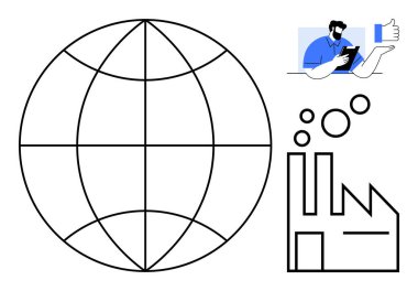 Tel örgülü dünya, fabrika ikonu, telefon kullanan adam tarafından dijital iletişim, ve baş parmak işareti. Küresel sanayi, teknoloji, ağ oluşturma, işbirliği, iletişim imalatı için ideal