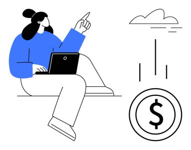 Dizüstü bilgisayarlı bir kadın, bir bulut ve dolar simgesini işaret ederek, bulut hesaplamasını, finansal büyümeyi, veri analizini, uzaktan çalışmayı, yatırımı, yeniliği, basit düz metaforu sembolize ediyor.