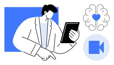 Doktor, içinde beyin simgesi olan bir tabletten bahsediyor. Yanında da bir kalp var. Video çağrı sembolü. Teletıp, akıl sağlığı, teknoloji, yenilik, sağlık ve iletişim için ideal