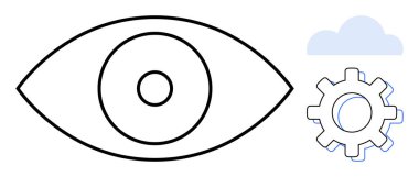 Görmeyi temsil eden bir göz sembolü, teknolojiyi sembolize eden bir dişli ve bulut bilgisayarı tasvir eden bir bulut simgesi. Yenilik için ideal, AI, vizyon sistemleri, teknoloji stratejisi, bulut çözümleri, iş