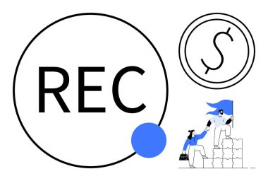 Mavi nokta elementli REC metni, koyu para birimi sembolü, birbirine yardım eden iki kişi. Takım çalışması, liderlik, destek, iş, ortaklık, finans başarısı için idealdir.