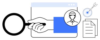 Tarayıcı penceresi, kullanıcı profili, belge ve hedef üzerinde el ele tutuşan büyüteç. İşe alım, araştırma, analitik, hedef belirleme, veri değerlendirme stratejisi için ideal basit düz metafor