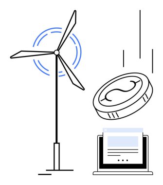 Enerji üreten rüzgar türbini, parasal değeri simgeleyen madeni para ve web sayfası açık dizüstü bilgisayar. Yenilenebilir enerji, eko-finans, sürdürülebilirlik, yeşil teknoloji, yatırımlar, temiz enerji için ideal basit