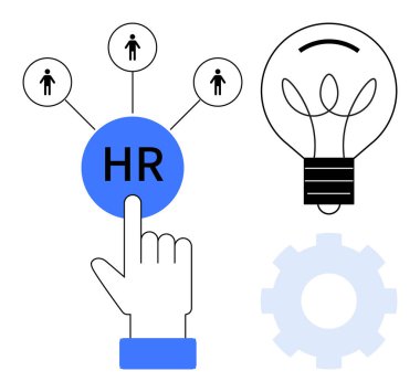 İnsan kaynakları elemanıyla el etkileşimi, yenilikler için ampul, süreç için dişli dişli dişli dişler, bağlı kullanıcı simgeleri. İnsan kaynakları, takım çalışması, adam toplama, sorun çözme, yenilikçi iş akışı için ideal