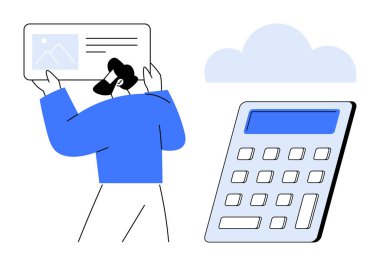 Büyük kimlik kartlarını tutan ve inceleyen kişi, dijital arayüzlü büyük boy hesap makinesi ve bulut simgesi. İş için ideal, analitik, finans, bilgisayar, teknoloji, yenilik