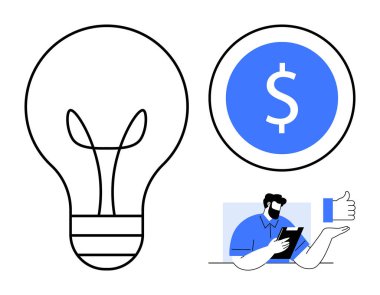 Dolar işaretinin yanında büyük bir ampul yaratıcılık ve finans simgesi, tablet kullanan ve onay veren bir adam. Yenilik, iş, finans, yatırım, teknoloji için ideal