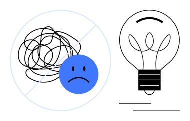 Mutsuz yüzlü karalamalar parlayan ampulün yanında sorun çözme, yaratıcılık, zihinsel berraklık, yenilik, zorlukların üstesinden gelme, olumlu zihniyet, basit düz metafor anlamına gelir.