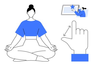 Nilüfer çiçeğinde oturan kadın meditasyon yapıyor, tablet kullanıyor, jest yapıyor ve ölçekleme için el hareketi yapıyor. Sağlık, farkındalık, meditasyon, teknoloji, arayüz tasarımı, üretkenlik için ideal