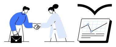 Evrak çantalı bir adam ve yukarı doğru grafikli bir veri tablosunun yanında el sıkışan bir kadın. Takım çalışması, iş anlaşması, büyüme, ortaklık, işbirliği, anlaşma, başarı stratejisi için ideal. Basit.