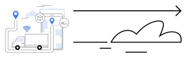 GPS pimleri, kablosuz bağlantı ikonu ve lojistik, dağıtım, dijital izleme, filo yönetimi, tedarik zinciri ve yeniliği temsil eden bulut sembollü bir kamyon. Basit düz