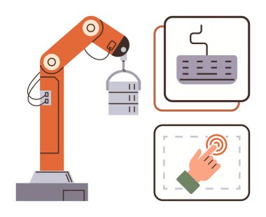 Robot kol bir nesneyi, klavyeyi ve dokunmatik kontrolü kaldırıyor. Otomasyon, teknoloji, imalat, robot bilimi, mühendislik, yenilik endüstriyel tasarım için idealdir. Temiz ve basit düz metafor
