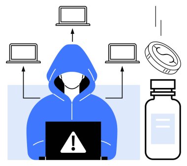 Uyarı simgesi, bağlantılı cihazlar, madeni paralar, ilaç şişesi olan kapüşonlu bir figür. Teknoloji için ideal, siber güvenlik, çevrimiçi dolandırıcılık, sağlık riskleri, finansal tehditlerin hacklenmesi basit düz metafor