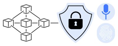 Engelleme düğümleri, asma kilit, mikrofon ve parmak izi ile kalkan veri güvenliği, mahremiyet ve kimlik doğrulaması. Siber güvenlik, engelleme zinciri, gizlilik teknolojisi biyometrik güven için idealdir