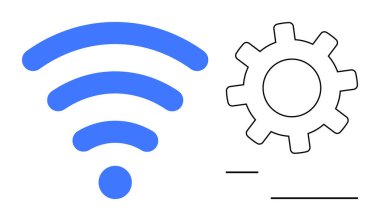 Mavi kablosuz sinyal dalgaları ve ana teçhizat dişlisi bağlantı, ağ ve teknoloji koordinasyonunu gösteriyor. Teknoloji, iletişim, otomasyon, ayarlar, yazılım, optimizasyon için ideal