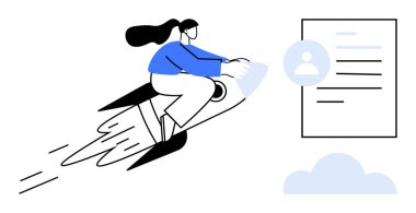 Kadın rokete biniyor, profesyonel profil belgesine doğru uçuyor. Başarı, kariyer gelişimi, başarı, motivasyon, iş başvurusu, liderlik yeniliği için ideal. Basit düz metafor