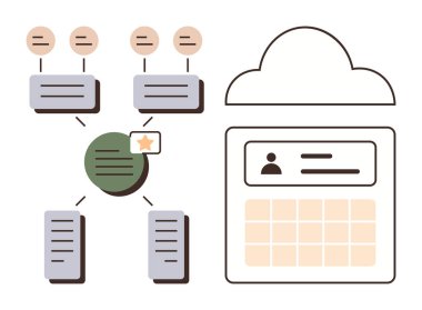 Veri bloklarını ve kullanıcı profilini bulut depolama konseptiyle bağlayan çalışma akışı diyagramı. Veri organizasyonu, proje yönetimi, bulut hesaplama, teknoloji, ağ oluşturma, dijital süreçler için ideal