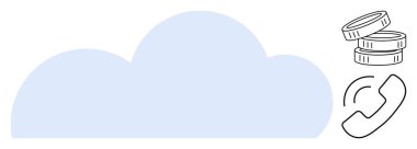 Büyük bulut veri depolamayı temsil ediyor. Online işlemleri ve ekonomik değeri sembolize eden bozuk paralarla. Ayrıca iletişim için çalan bir telefon ikonu. Bulut hesaplama ve finans için ideal