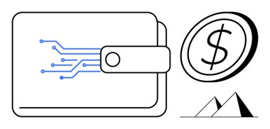 Devre tasarımı, dolar parası ve piramitlerin bulunduğu dijital cüzdan finans, teknoloji ve yatırımı sembolize ediyor. Fintech, kripto para birimi, para yönetimi, tasarruf ödeme sistemleri dijital için ideal
