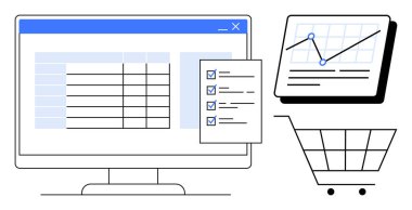 Hesap tablosu, kontrol listesi, analitik çizelgesi ve alışveriş arabası olan masaüstü ekranı. Ecommerce, data izleme, çevrimiçi alışveriş, iş planlaması, pazar analizi envanter yönetimi için ideal