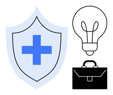 Sağlık hizmetleri için haçlı kalkan, yenilik için ampul ve iş için çanta. Sağlık sigortası, girişimcilik, işyeri refahı, yenilik, stratejiler ve güvenlik için ideal