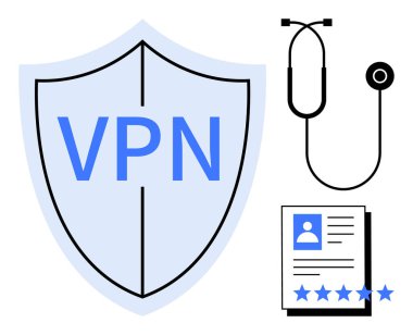 VPN kalkanı veri korumasını temsil ediyor, steteskop sağlık izleme için, profil belgesi kullanıcı derecesini gösteriyor. Siber güvenlik, gizlilik, çevrimiçi sağlık, veri güvenliği, ağ için ideal