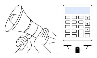 İletişim için megafon, hesaplama için dijital hesap makinesi ve adalet için denge ölçeği. Finans, iletişim, adalet, pazarlama, ekonomi ve karar verme için ideal