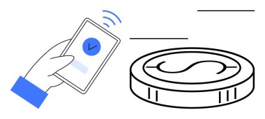 NFC aktifleştirilmiş, el ele tutuşan akıllı telefon, bozuk paranın yanındaki ekranda işaretli. Finans, teknoloji, mobil ödeme, dijital cüzdan, temassız ödeme, e-ticaret engelleme zinciri için ideal. Basit düz