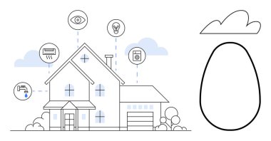 Modern ev entegre akıllı özellikleri aydınlatma, güvenlik, havalandırma, tesisat ve aletler. Teknoloji, bağlantı, sürdürülebilirlik, enerji verimliliği ev otomasyonu güvenliği için ideal