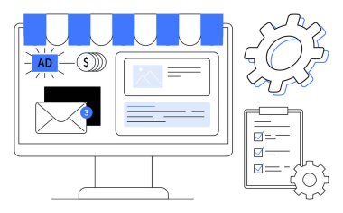 Mağaza tenteli, e-posta, reklam bloğu, nakit paralar, kontrol listesi ve vitesli bilgisayar monitörü. E-ticaret, dijital pazarlama, reklam araçları için ideal iş akışı analizleri basit düz metafor