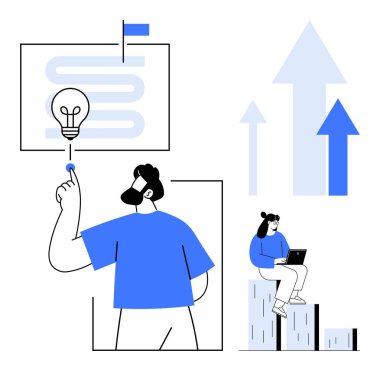 Yeniliği sembolize etmek için akıcı fikirleri olan bir ampulü işaret eden bir kişi, bir diğeri ise strateji ve büyümeyi temsil eden bir dizüstü bilgisayarla bar grafiklerinin üzerine oturmuş biri. Takım çalışması, yaratıcılık ve yenilik için ideal