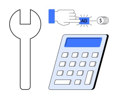 Anahtar, hesap makinesi, el tıklama AD düğmesi bütçe, araç gereç ve ödeme sistemlerini gösterir. Pazarlama, iş stratejisi, reklam teknolojisi maliyet planlama araçları için idealdir. Temiz