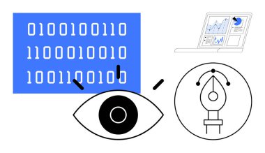 Basit bir düz metaforda ikili kod, büyüteç, göz, kalem aracı ve analitik gösterge paneli veri analizi, teknoloji, yaratıcılık, tasarım, yenilik araştırması ve görselleştirme fikirleri