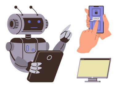Robot tableti tutuyor, insan eli akıllı telefonun kilidini açıyor ve boş bilgisayar ekranı. Yenilik için ideal, yapay zeka, otomasyon, insan-bilgisayar etkileşimi, dijital güvenlik, teknolojik gelişim basit düz